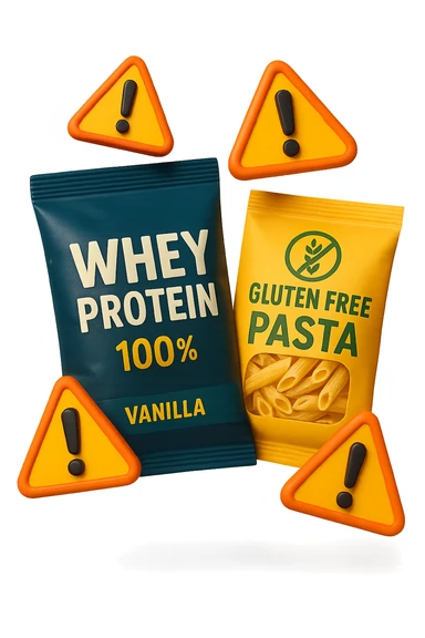 SU QUESTO STILE FAI UN EMOJI STILE IPHONE 3D DI UN pacco di whey protein e un pacco di pasta senza glutine che fluttuano in aria insieme a segnali di pericolo in 3d, FALLO MOLTO REALISTICO IN 3D sticker