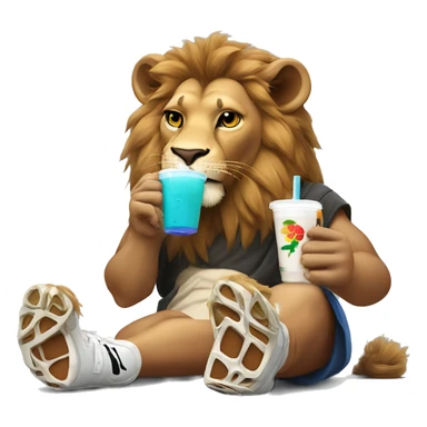 Lion drinking boba tea wearing a Nike tech and jordans  sticker