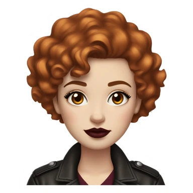 Girl with very pale skin, dark orange curly short hair with a side part, heavy cat-eye makeup, long eyelashes, dark maroon blush and lipstick.  Her eyebrows are dark, arched and very high.  Hazel eyes. Big lips. Thin. Wearing a leather jacket  sticker