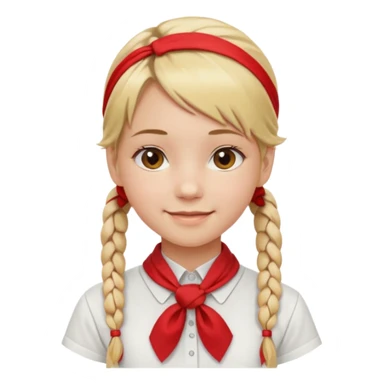 A Soviet pioneer girl emoji — smiling young girl with blonde hair tied into two short braids. She wears a white school shirt and a wide bright red pioneer neckerchief tied in a loose triangular knot at the chest (not a necktie). No suspenders, no jacket, no hat. Без красных повязок на голове sticker