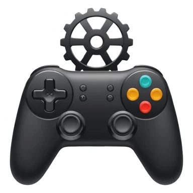 Minimalistic flat vector icon, iOS style, thin black contour on white background. Game controller with a gear symbol. Clean, no text, no shadows sticker