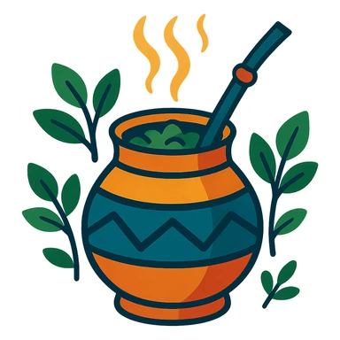 a steaming cup of yerba mate, leafy details, cozy and inviting sticker