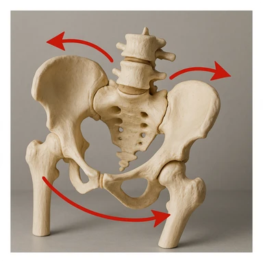 realistic human pelvis tilted, 4K resolution, detailed anatomical features, marked lateral tilt, red arrows and curved lines indicating tilt direction, oblique view, clinical atmosphere, neutral background sticker