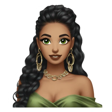Glamorous, streetwear or cocktail dress, black balayage hair, half up half down hair, olive skin, green almond eyes, winged eyeliner with big lashes, wearing hooped earrings, rings and bracelets  sticker