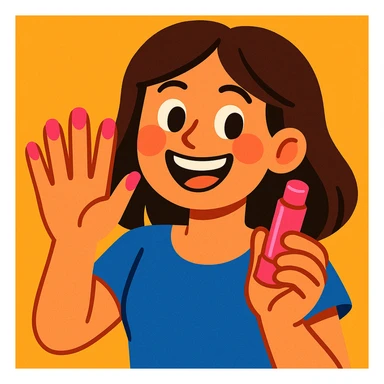 brunette girl happily showing off her pink nails and holding a pink lip balm, vibrant and cheerful style sticker