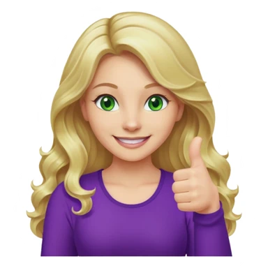 lady with long wavy blonde hair, purple top, green eyes, one thumb up sticker