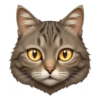 cinematic-[grey brown tabby cat]-realistic-emoji,-head-tilted-dramatically,-scruffy-[grey]-fur,-simplified-yet-realistic-focused-features,-highly-detailed,-glowing-with-an-almost-sarcastic-glow sticker