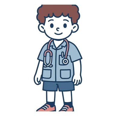 cute 2D boy doctor character, 8–10 years, soft features, curly brown hair, expressive brown eyes, light blue pediatrician shirt with front pockets (pen and tongue depressor), pink and silver stethoscope, blue shorts, red canvas sneakers, black socks, soft light, vibrant, warm, friendly, suitable for hospital simulation game sticker