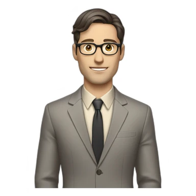 Full height Pale skinned Fit Man With dark brown hair in classic gray suit, beige office shirt, dark gray tie, and vintage glasses. Thrumbs of his palms directed up sticker