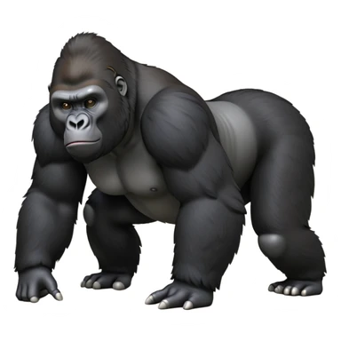 cinematic-friendly gorilla-realistic-full-body-crouched on all fours-emoji,-broad-and-powerful-frame-poised-with-confidence,-massive-arms-hanging-slightly-forward,-head-tilted-thoughtfully,-thick-black-fur,-deep-dark-eyes-full-of-intelligence,-simplified-yet-realistic sticker