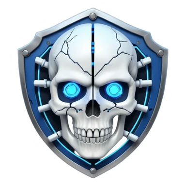 Cyberpunk shield, skull with cybernetic implants, glowing wires, dark electric blue and white tones, no background sticker
