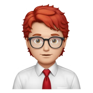 white man in white shirt, having red tie, red wavy hair, wearing glasses sticker