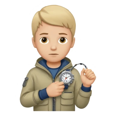 Boy in fishing suit looking at his wristwatch sticker