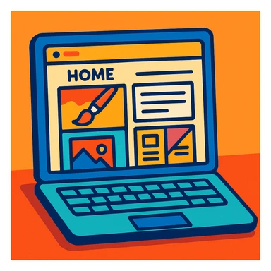 a laptop with a vibrant display showing a collage of creative work including art, writing, photos, and design elements, representing a personal website homepage, clean modern illustration style sticker