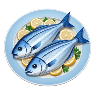 Fish dishes avatar in bright emoji-style illustration. Grilled fish, fillets, and seafood, blue and silver tones, simple shapes, flat design, fresh and flavorful. sticker