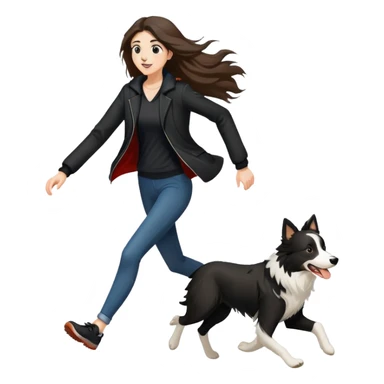 A beautiful tall girl with fair skin and long hair wearing a black jacket running with a Border Collie sticker
