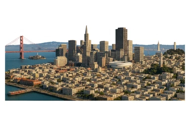 cinematic realistic emoji of San Francisco, wide cityscape with Golden Gate Bridge, Transamerica Pyramid, Chase Center, The Embarcadero, Ghirardelli Square, Alcatraz Island, Bay Bridge, Coit Tower, UC Berkeley belltower and Stanford Hoover Tower in the distance. Lifelike detail, accurate colors, bright daylight, no sky, no clouds, no text, transparent background sticker