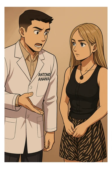 fai un webtoon/manga a colori con questo kinesiologo in camice bianco (fagli la scritta "ANTONIO ANANIA" SUL CAMICE) CHE PARLA CON QUESTA RAGAZZA CON GLI OCCHI AZZURRI. la ragazza gli fa una domanda e IL KINESIOLOGO CON IL CAMICE BIANCO LE risponde. NON FARE I FUMETTI, FAI SOLO LORO COME SE DIALOGASSERO sticker