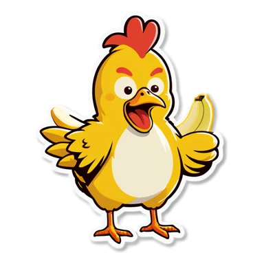 Chicken getting a stomachache from eating a banana sticker