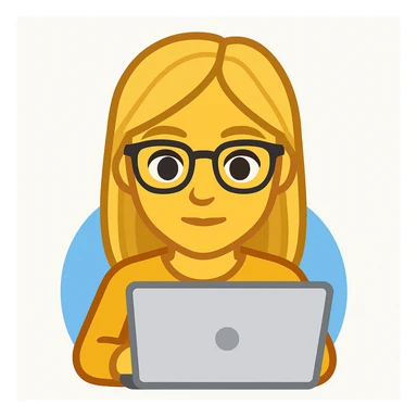 blonde writer woman wearing glasses working on a laptop, twitter style emoji sticker