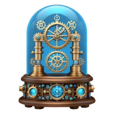 Portrait of a steampunk-style time machine with brass gears, glowing blue core, and glass dome sticker