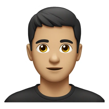 The image shows a young man with short, styled black hair wearing a dark, plain t-shirt. His face is calm, slightly turned to the side, with a focused expression sticker