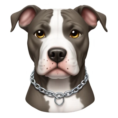 American pitbull terrier with a brindle coat and white down middle of his face and chest. He has a silver chain link collar sticker
