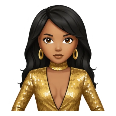 LeToya Luckett with long black hair, gold sequin outfit sticker