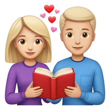 A man and a woman facing each other, both holding a single book together. From the book, colorful heart emojis are popping out playfully, creating a cheerful and romantic atmosphere sticker