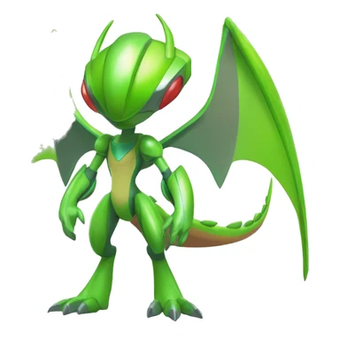 a shiny green Genesect-Flygon-Raptor-Fakémon—hybrid with a futuristic visor-helmet full body sticker
