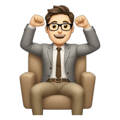 Joyful Celebrating victory Hands up Pale skinned Fit Man With dark brown hair in gray jacket, beige office shirt, Brown pants and vintage glasses sitting In a soft chair sticker