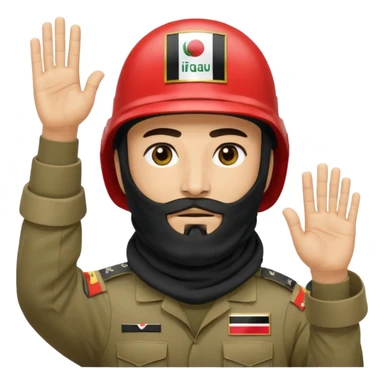 surrenders, depicts an Iraqi soldier from 1980, with a beard, in a helmet, a helmet with sign flag Iraq, with a balaclava, with sad eyes and both hands raised up sticker