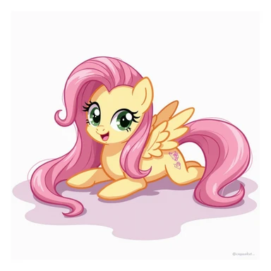 Fluttershy lying down and smiling, realistic style, no background, transparent sticker