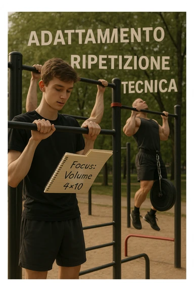 Giovane atleta principiante, fisico asciutto ma non muscoloso, si allena in uno street park con sbarra e parallele. Sta eseguendo serie lunghe di trazioni a corpo libero, concentrato sulla tecnica e sul controllo. Vicino a lui si vede un block notes con scritto a penna 'Focus: Volume, 4x10', mentre in lontananza un altro atleta molto più grosso fa una singola ripetizione con zavorra pesante. Il neofita guarda il suo diario, non gli altri. L’ambiente è sereno, luce naturale, atmosfera di crescita e disciplina. Sullo sfondo si intravedono i concetti scritti in aria con stile metaforico: 'Adattamento', 'Ripetizione', 'Tecnica', fluttuanti accanto a lui sticker