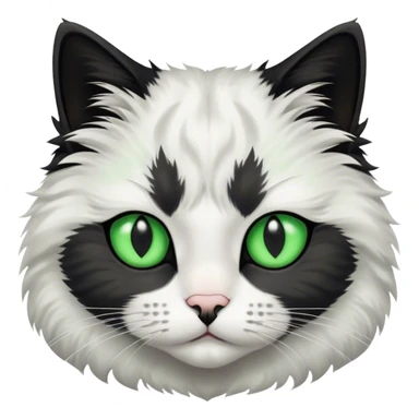 This fluffy cat has a black and white coat with a white face marked by a black patch over the forehead, bright green eyes, and a black nose bridge sticker