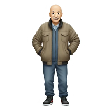 Old men(50 years old), bald, wearing Jordan 1 with a Perfect fit  sticker