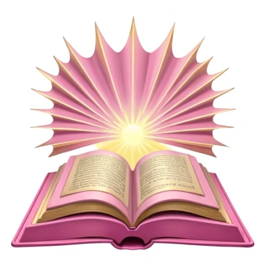 An open pink book with glowing light rays emerging from its pages, magical atmosphere, sticker