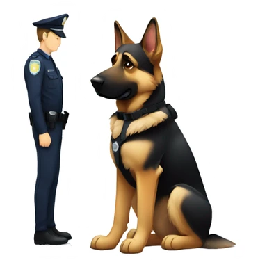 Sad German shepherd sitting with police officer sticker