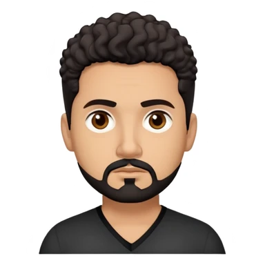 Latino theatre director with light cinnamon skin. Structured face with defined features. Critical dark brown eyes. Thoughtful expression. Well-groomed black goatee with some gray. Short curly dark hair. Wearing a black V-neck shirt with minimal design. sticker