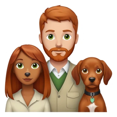White male with green eyes red beard and brown hair and a tan female with brown eyes and balayage long hair and vizsla dog sticker