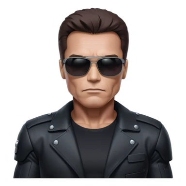 Schwarzenegger-like Terminator, upper body only, wearing his iconic clothes in black (all clothes must be black), looking more human with minimal robotic details, and wearing dark sunglasses, hair must be dark sticker