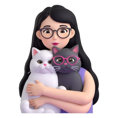 Skinny woman with oval glasses, long straight black hair, pink cheek blush, wearing white sleeveless top, hugging a grey Persian-Angora cat, plain background sticker
