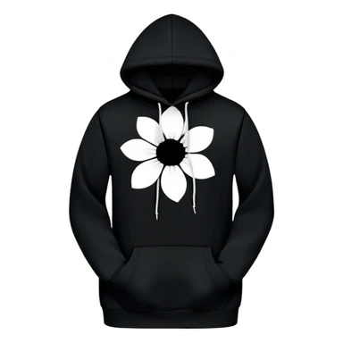 The BLACK Hoodie features a black base with distinctive white and black  open flower spots with empty space in the middle, These hollow ring-like patterns are scattered across. BLACK AND WHITE FLOWERS SPACED OUT FLOWERS, AND ONLY A FEW FLOWERS AND NO DOTS sticker