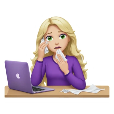 lady with long wavy blonde hair, purple top, green eyes, at desk with hand holding tissue to her eye and crying, with a purple mac laptop  sticker