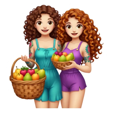 full body woman long curly brown hair brown eyes white skin tattoos holding basket of psychedelic fruits, teasing smile sticker