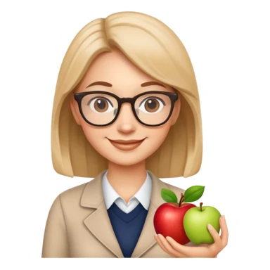 Cute smiling teacher with glasses and apple sticker