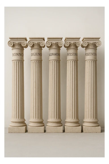 5 pilastri con le scritte "SONNO", "DIGIUNO", "ALLENAMENTO", "INTESTINO", "POSITIVITà" IMMAGINE IPERREALISTICA SFONDO CHIARO IN ITALIANO sticker