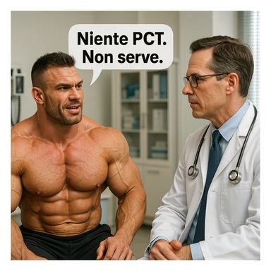 bodybuilder che dice ad una dottore "Niente PCT, Non serve", iper realistica sticker