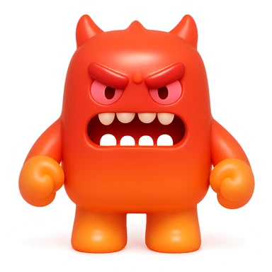 angry monster with furrowed brow, bared teeth, clenched fists, bright red and orange colors, toy-like sticker