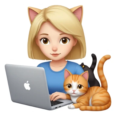 A girl is working on a laptop with a cat lying next to it sticker